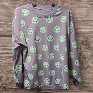 Purple Sweatshirt with Green Smiley Faces Medium